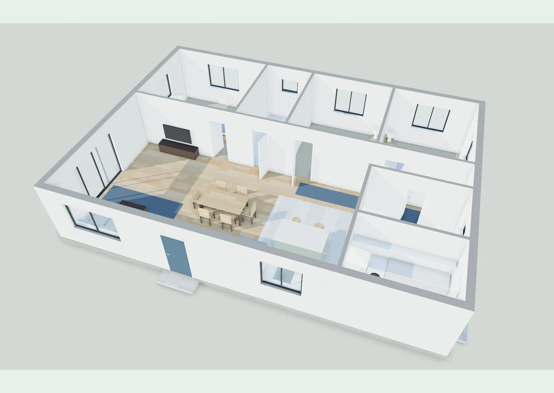 A sample three-bedroom home shown as a furnished 3D layout in BrokerCircle