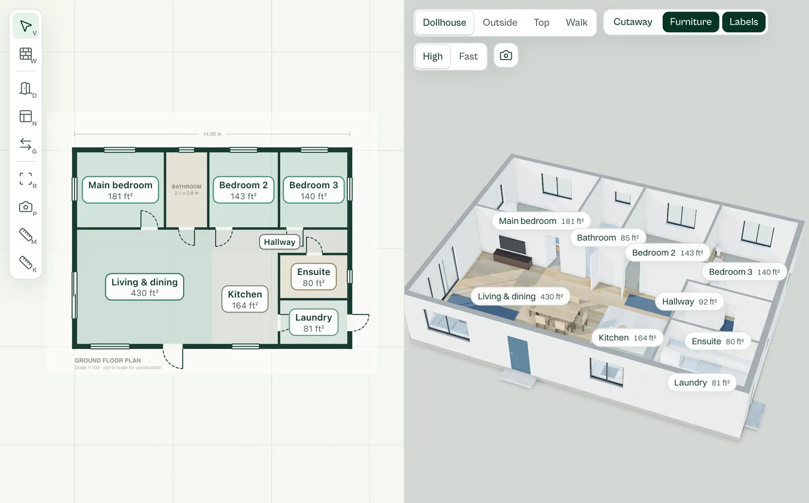 The Property Tour Builder showing an example floorplan beside the same home as a furnished 3D layout with labelled rooms